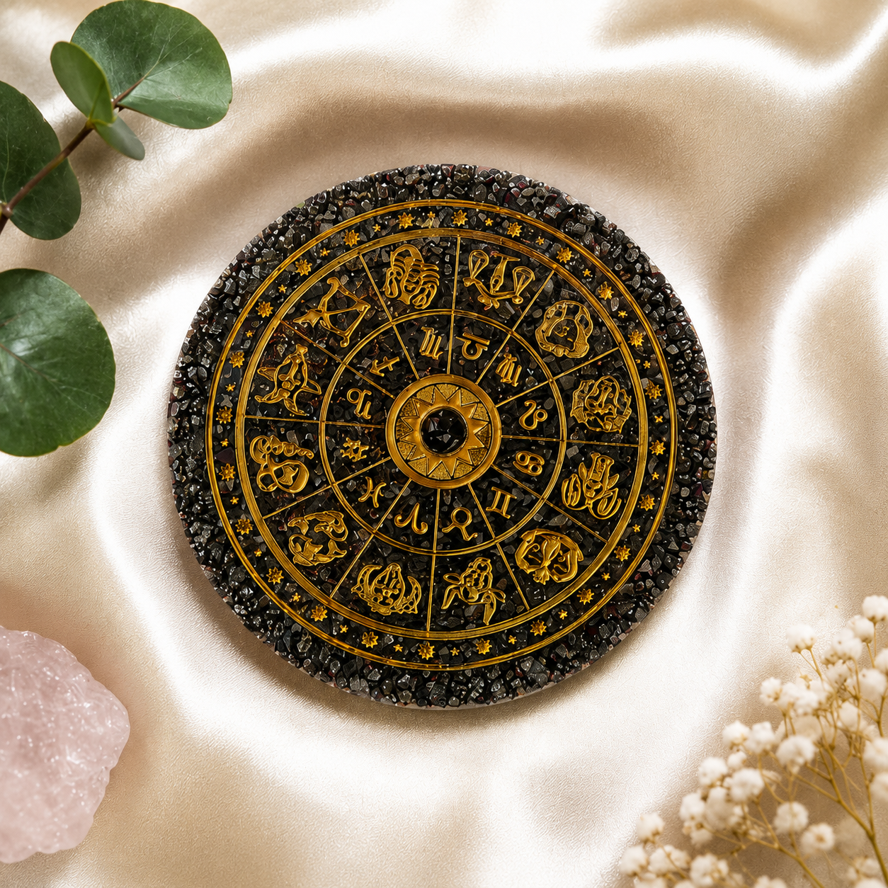 Peru Pyrite Zodiac Engraved Orgonite Coaster – Wealth & Protection Energy